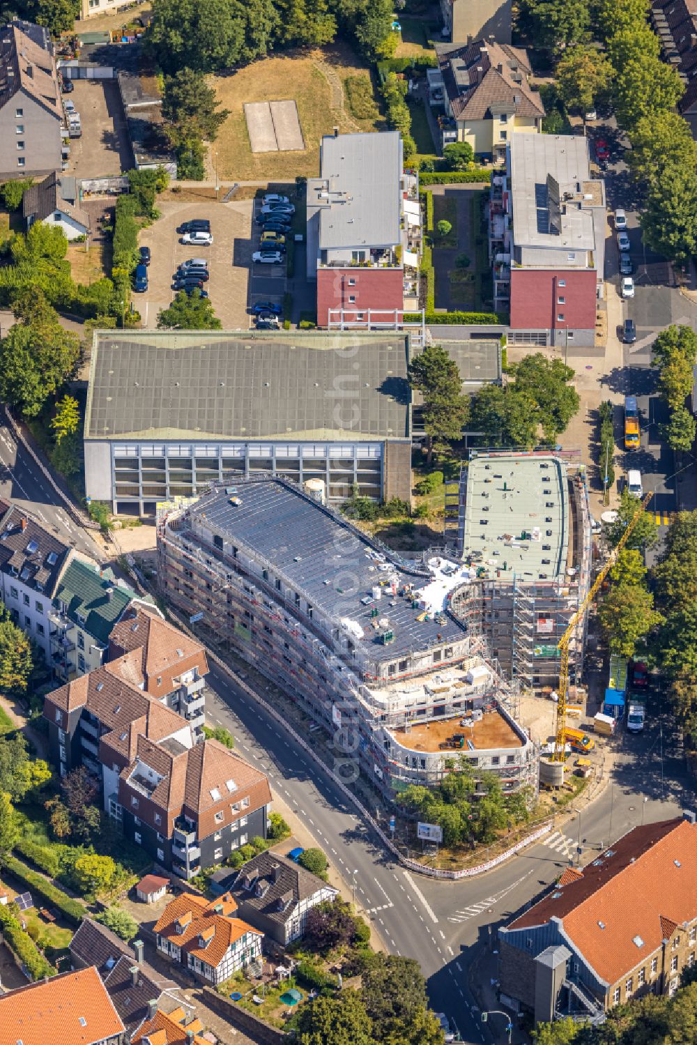 Hattingen from above - New construction of a residential and commercial building At Home 1 - New apartments with service on Talstrasse in Hattingen in the Ruhr area in the state of North Rhine-Westphalia, Germany