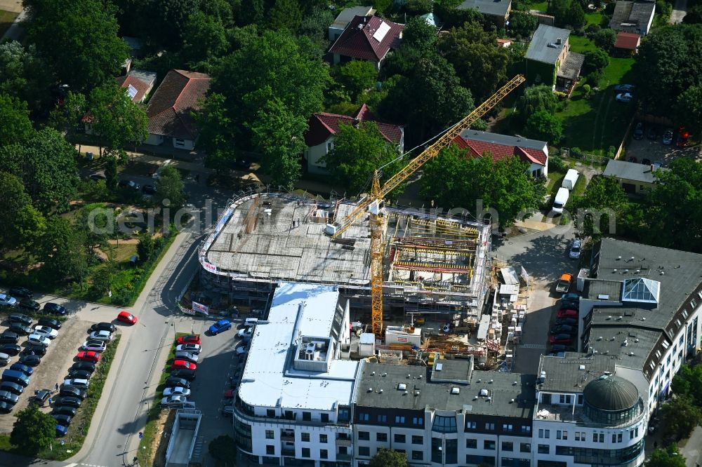 Aerial image Bernau - New construction of a residential and commercial building on Jahnstrasse - Neuer Schulweg - Ladenburger Chaussee in Bernau in the state Brandenburg, Germany