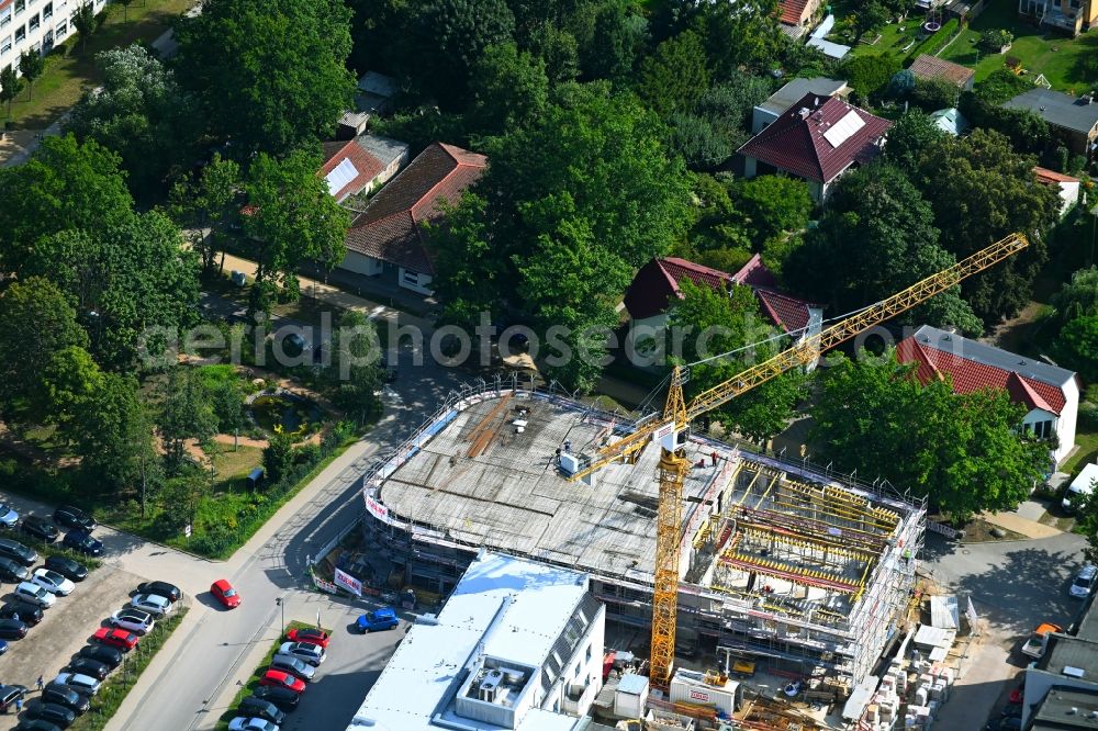 Bernau from above - New construction of a residential and commercial building on Jahnstrasse - Neuer Schulweg - Ladenburger Chaussee in Bernau in the state Brandenburg, Germany