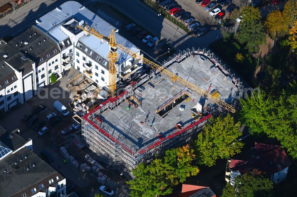 Bernau from above - New construction of a residential and commercial building on Jahnstrasse - Neuer Schulweg - Ladenburger Chaussee in Bernau in the state Brandenburg, Germany