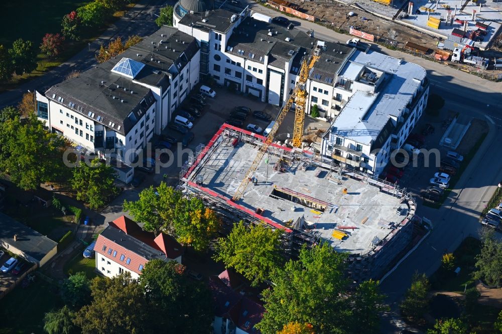 Bernau from above - New construction of a residential and commercial building on Jahnstrasse - Neuer Schulweg - Ladenburger Chaussee in Bernau in the state Brandenburg, Germany