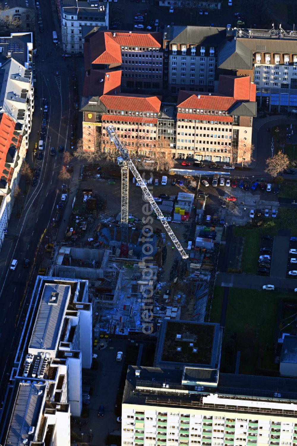 Aerial image Leipzig - New construction of a residential and commercial building on street Querstrasse in the district Zentrum in Leipzig in the state Saxony, Germany