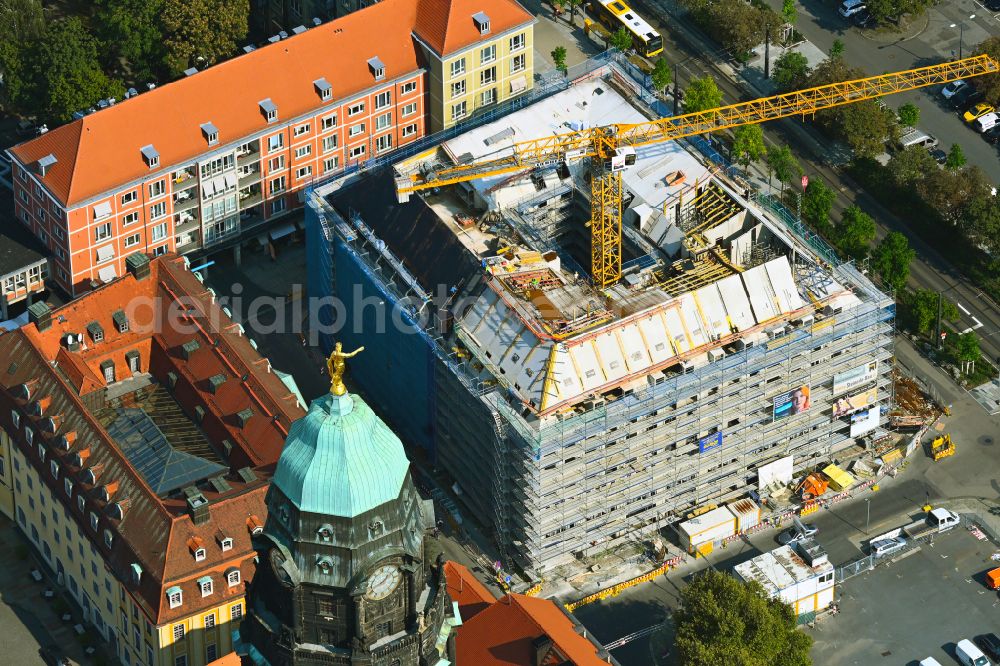 Dresden from the bird's eye view: New construction of a residential and commercial building on street Ringstrasse - Kreuzstrasse in the district Altstadt in Dresden in the state Saxony, Germany