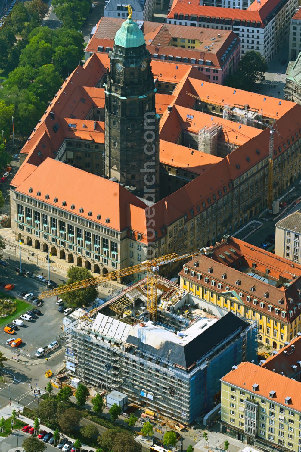 Aerial photograph Dresden - New construction of a residential and commercial building on street Ringstrasse - Kreuzstrasse in the district Altstadt in Dresden in the state Saxony, Germany