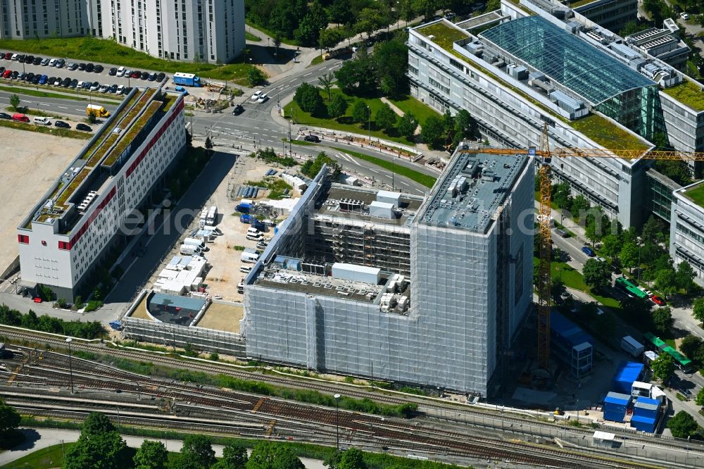 München from above - New construction of a residential and commercial building on Carl-Wery-Strasse in the district Neuperlach in Munich in the state Bavaria, Germany