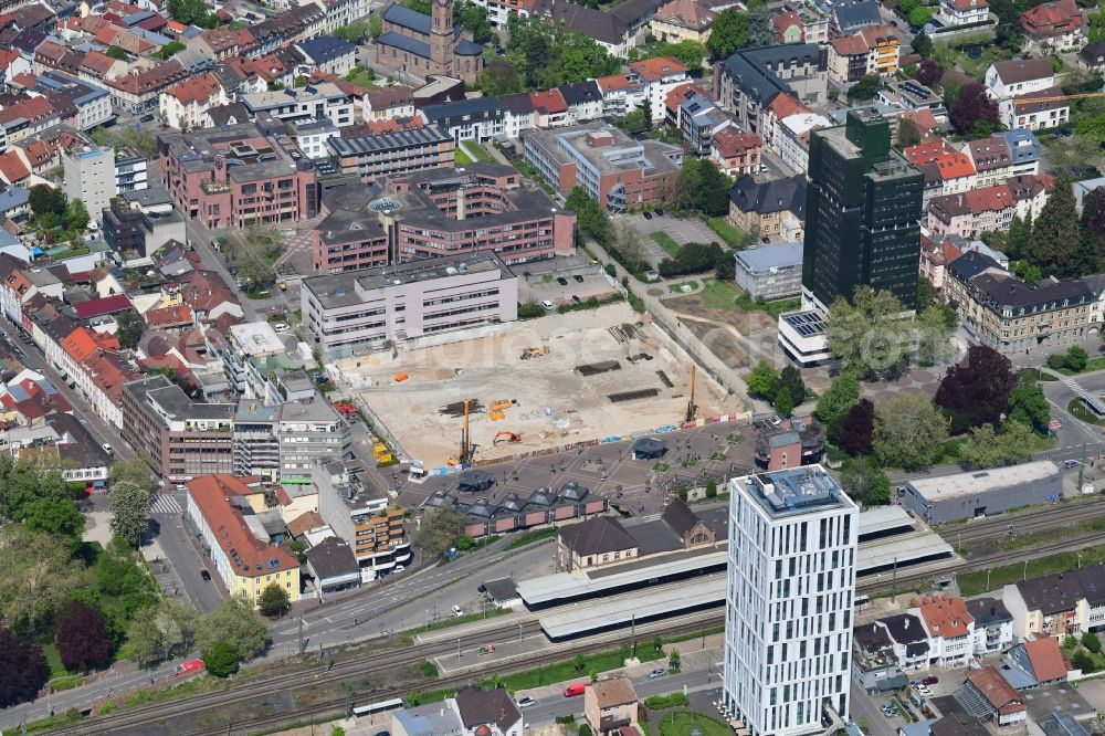 Lörrach from above - New residential and commercial building Quarter Loe on place Bahnhofsplatz - Sarasinweg - Palmstrasse in Loerrach in the state Baden-Wurttemberg, Germany