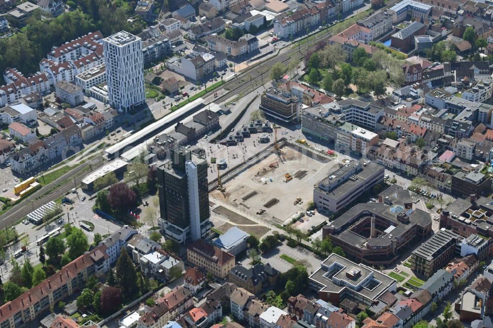 Lörrach from above - New residential and commercial building Quarter Loe on place Bahnhofsplatz - Sarasinweg - Palmstrasse in Loerrach in the state Baden-Wurttemberg, Germany