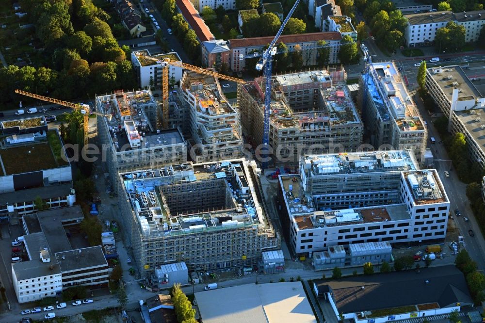 Aerial photograph München - Construction site of new residential and commercial building Quarter DIE MACHEREI along the Berg-am-Laim-Strasse - Weihenstephaner Strasse in the district Berg am Laim in Munich in the state Bavaria, Germany