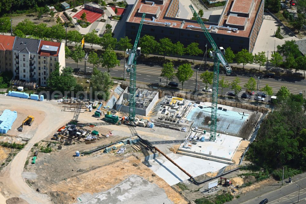 Aerial image Leipzig - Construction site for the new construction of the residential and commercial building district Prague Triangle with a new construction of a high school on Prager Strasse - Philipp-Rosenthal-Strasse in the district Zentrum-Suedost in Leipzig in the state Saxony, Germany