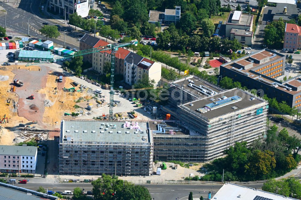 Aerial image Leipzig - Construction site for the new construction of the residential and commercial building district Prague Triangle with a new construction of a high school on Prager Strasse - Philipp-Rosenthal-Strasse in the district Zentrum-Suedost in Leipzig in the state Saxony, Germany