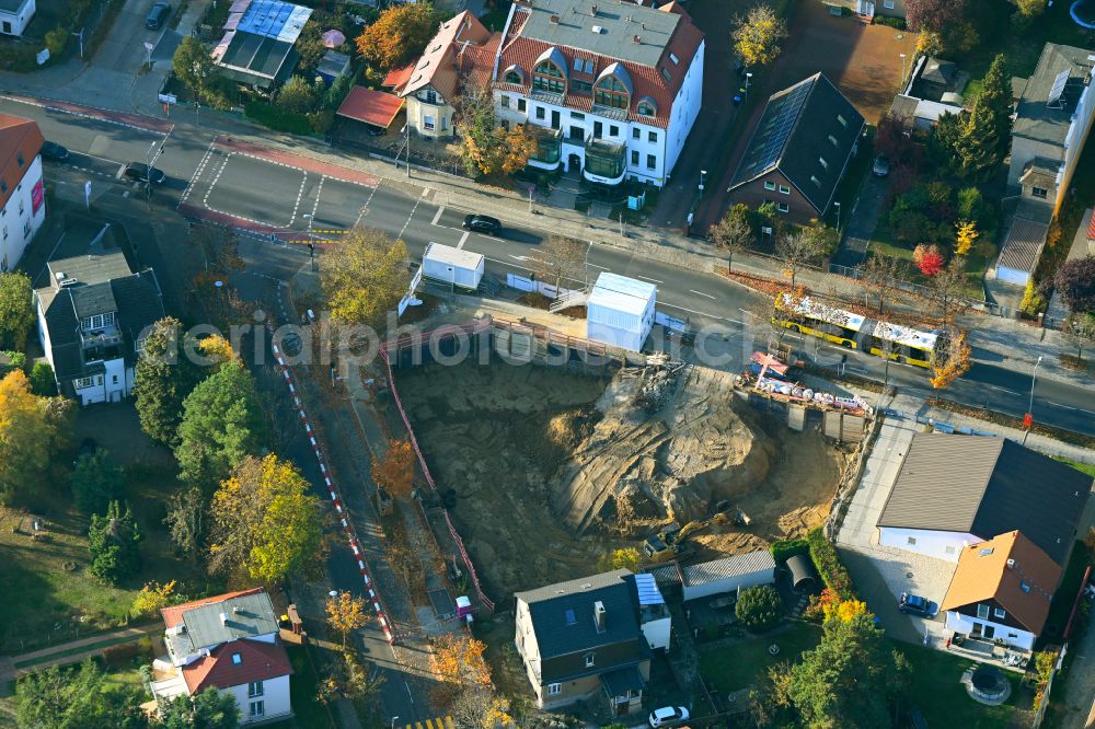 Berlin from above - Construction site for the new residential and commercial building on street Heinrich-Grueber-Strasse Ecke Bausdorfstrasse in the district Kaulsdorf in Berlin, Germany