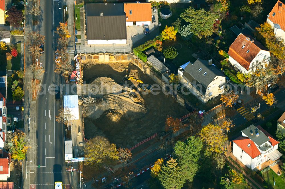 Berlin from above - Construction site for the new residential and commercial building on street Heinrich-Grueber-Strasse Ecke Bausdorfstrasse in the district Kaulsdorf in Berlin, Germany