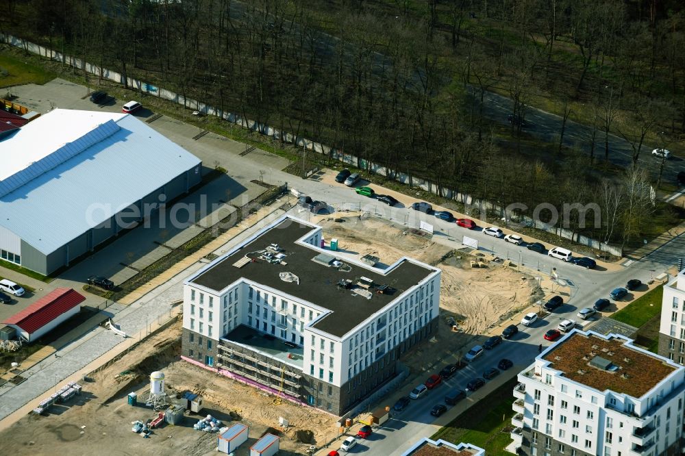 Potsdam from the bird's eye view: New construction of a residential and commercial building for condominiums, offices and a daycare center in the Waldstadt III on Sophie-Albert-Strasse in the district of Waldstadt I in Potsdam in the state of Brandenburg, Germany