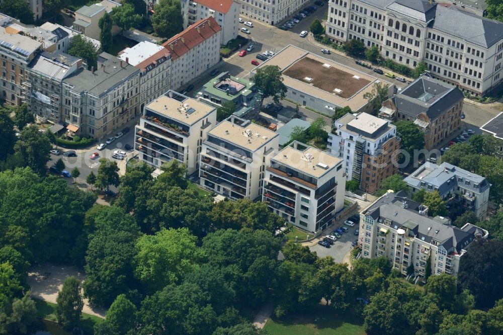 Leipzig from above - New construction condominium with modern townhouses and apartment buildings on the Clara Zetkin Park Leipzig in Saxony