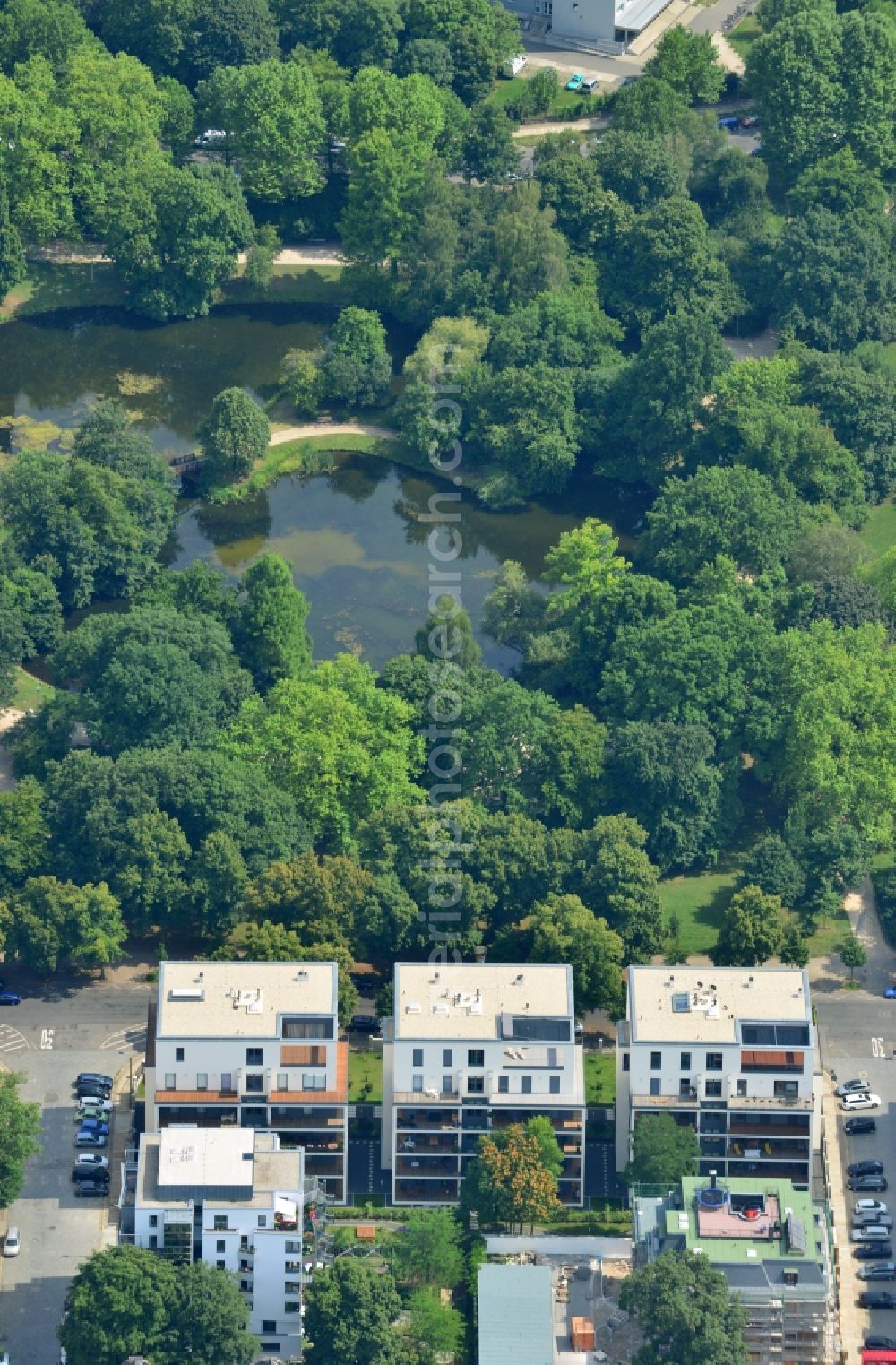 Aerial image Leipzig - New construction condominium with modern townhouses and apartment buildings on the Clara Zetkin Park Leipzig in Saxony