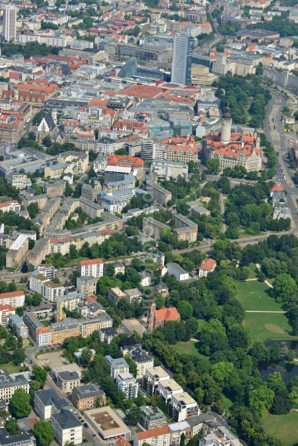 Leipzig from above - New construction condominium with modern townhouses and apartment buildings on the Clara Zetkin Park Leipzig in Saxony