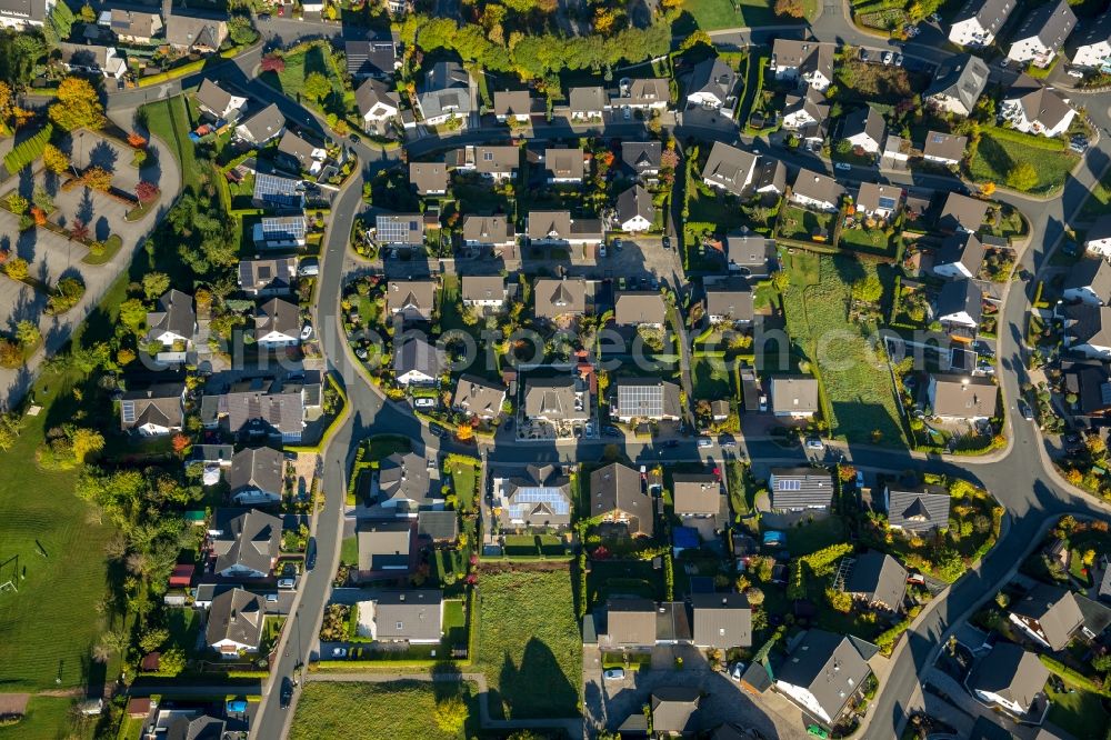 Aerial image Bestwig - New construction residential area of detached housing estate Fliederweg corner Ginsterweg in Bestwig in the state North Rhine-Westphalia