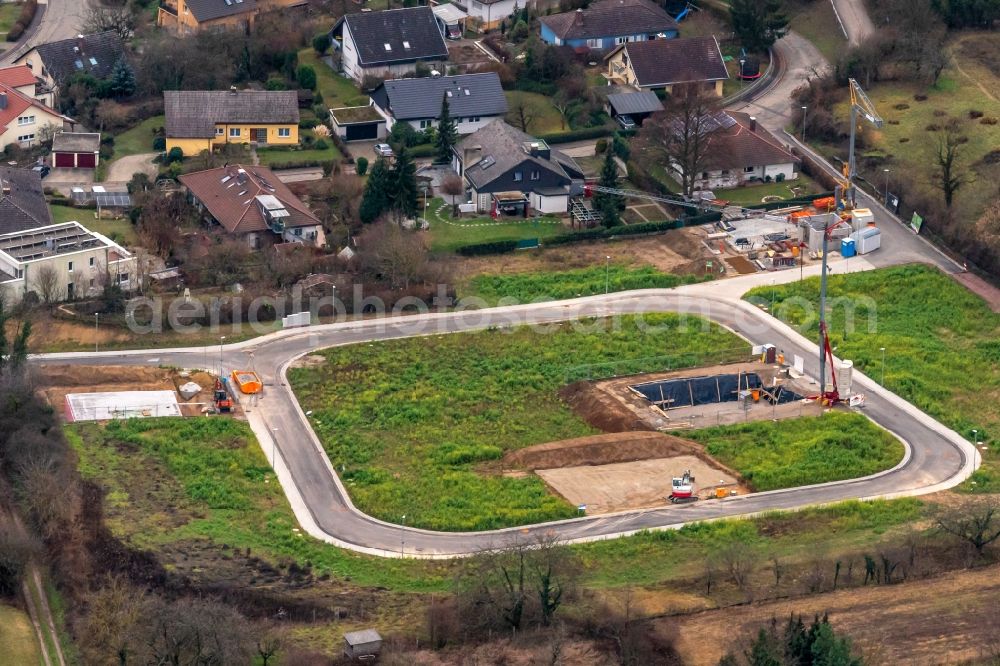 Ettenheim from above - Construction sites for new construction residential area of detached housing estate in Ettenheim in the state Baden-Wurttemberg, Germany