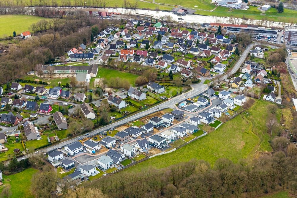 Aerial photograph Fröndenberg/Ruhr - Construction sites for new construction residential area of detached housing estate between Haferkamp and Ardeyer Strasse in the district Langschede in Froendenberg/Ruhr in the state North Rhine-Westphalia, Germany