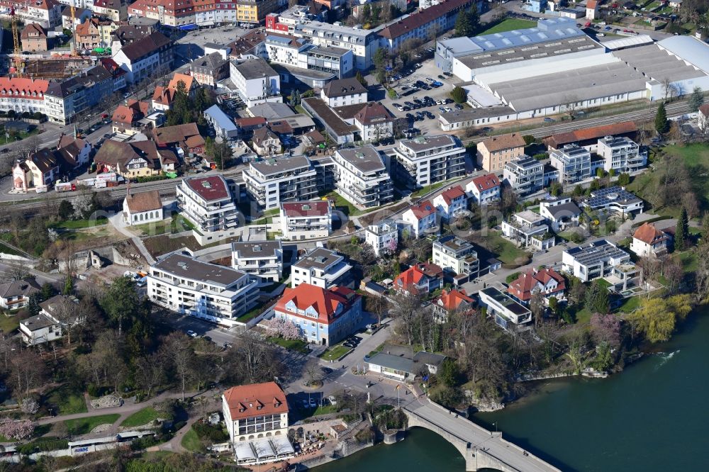 Rheinfelden (Baden) from the bird's eye view: New construction residential area of detached housing estate Living at the Adelberg at the river Rhine and border to Switzerland in Rheinfelden (Baden) in the state Baden-Wurttemberg, Germany