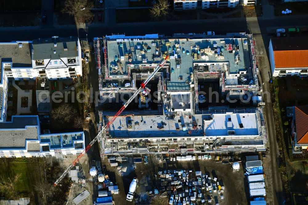 Berlin from the bird's eye view: Residential construction site with multi-family housing development- on the on Semmelweisstrasse in the district Altglienicke in Berlin, Germany