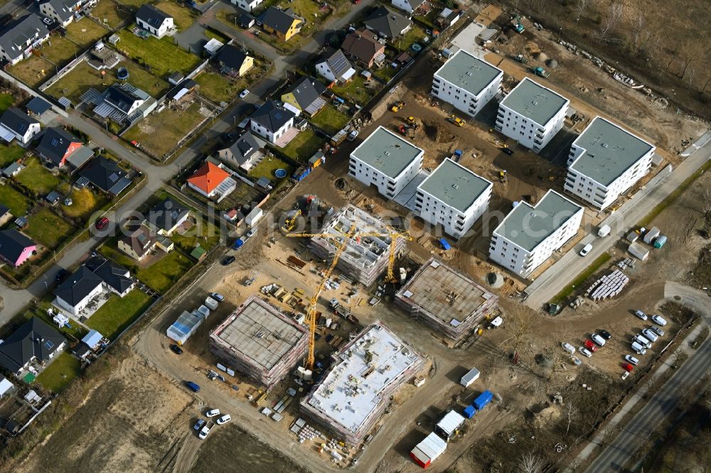 Aerial photograph Oranienburg - Residential area of the multi-family house settlement of Wohnungsbaugesellschaft mbH Oranienburg on Walther-Bothe-Strasse in Oranienburg in the state Brandenburg, Germany