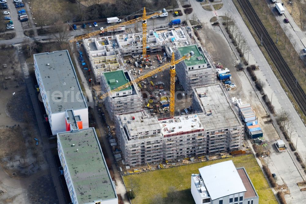 Berlin from above - Construction side of residential area of the multi-family house settlement Zossener Hoefe on Mittenwalder Strasse corner Zossener Strasse in the district Hellersdorf in Berlin, Germany