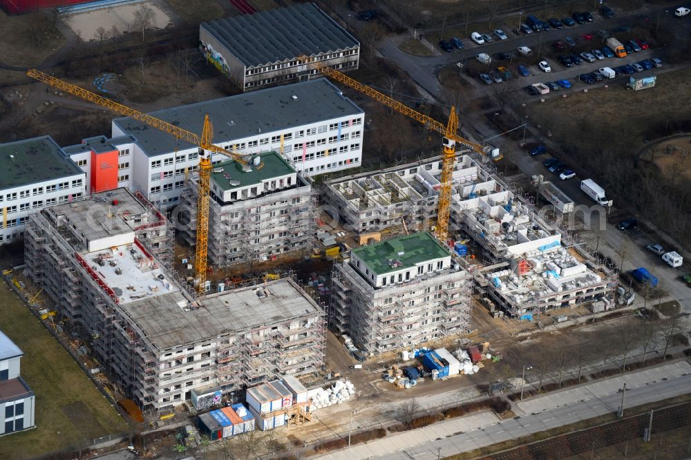 Aerial image Berlin - Construction side of residential area of the multi-family house settlement Zossener Hoefe on Mittenwalder Strasse corner Zossener Strasse in the district Hellersdorf in Berlin, Germany