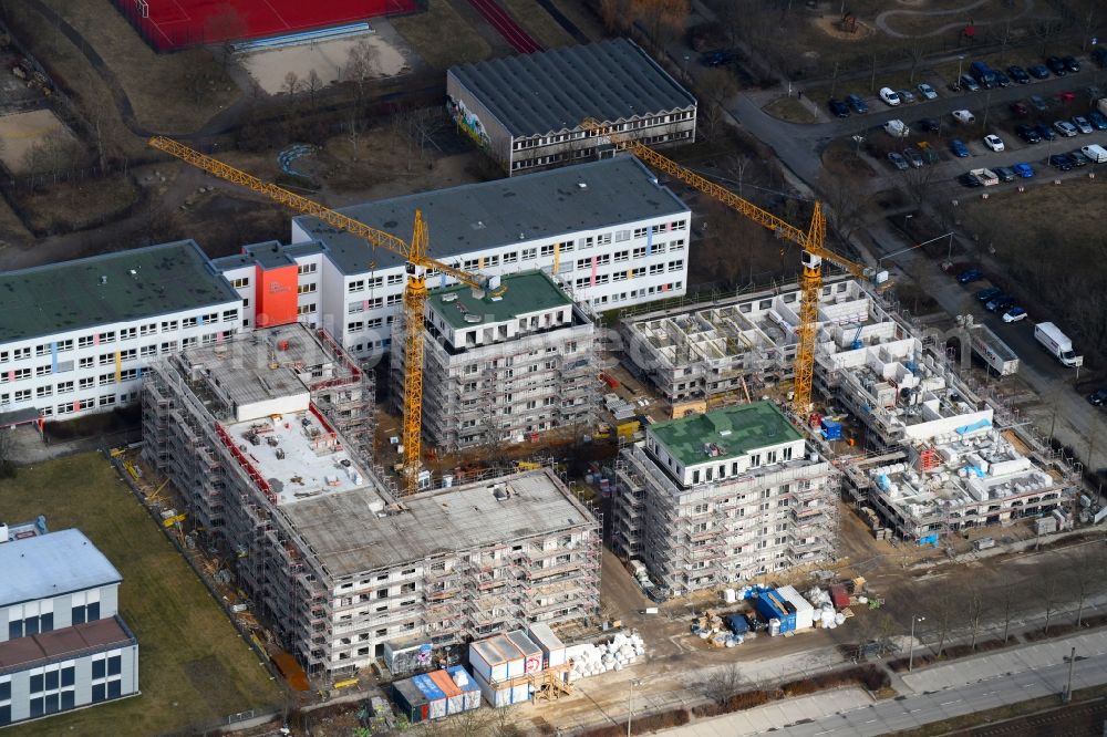 Aerial image Berlin - Construction side of residential area of the multi-family house settlement Zossener Hoefe on Mittenwalder Strasse corner Zossener Strasse in the district Hellersdorf in Berlin, Germany