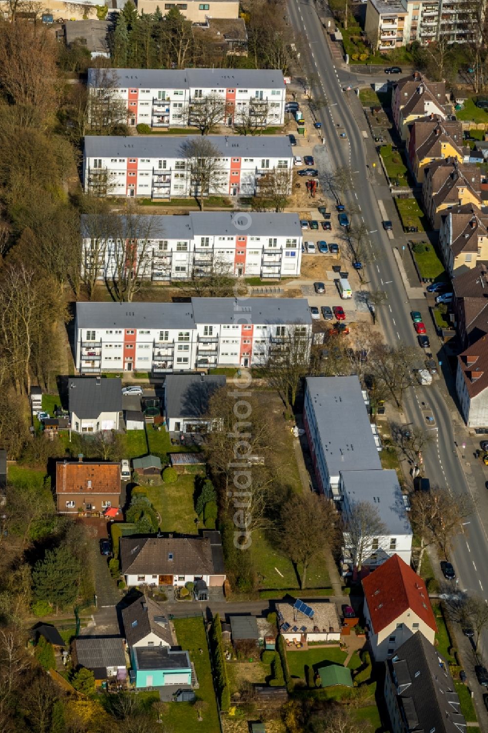 Bochum from above - Construction site of a new residential area of the terraced housing estate on the along the Prinz-Regenten-Strasse in Bochum in the state North Rhine-Westphalia, Germany