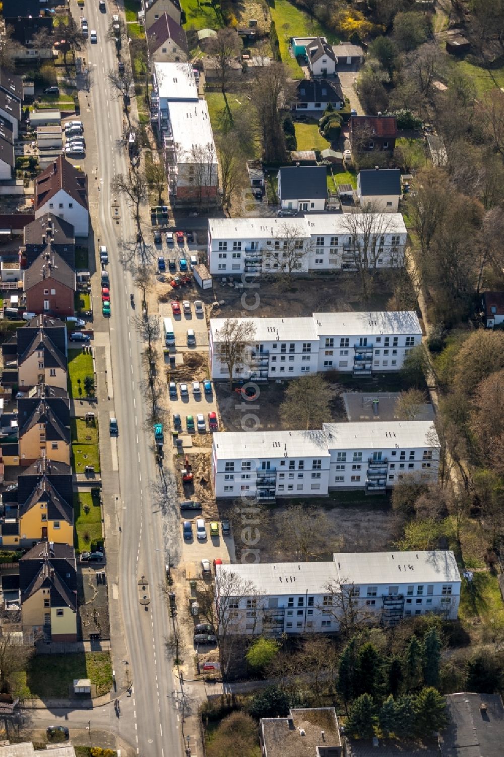 Aerial image Bochum - Construction site of a new residential area of the terraced housing estate on the along the Prinz-Regenten-Strasse in Bochum in the state North Rhine-Westphalia, Germany