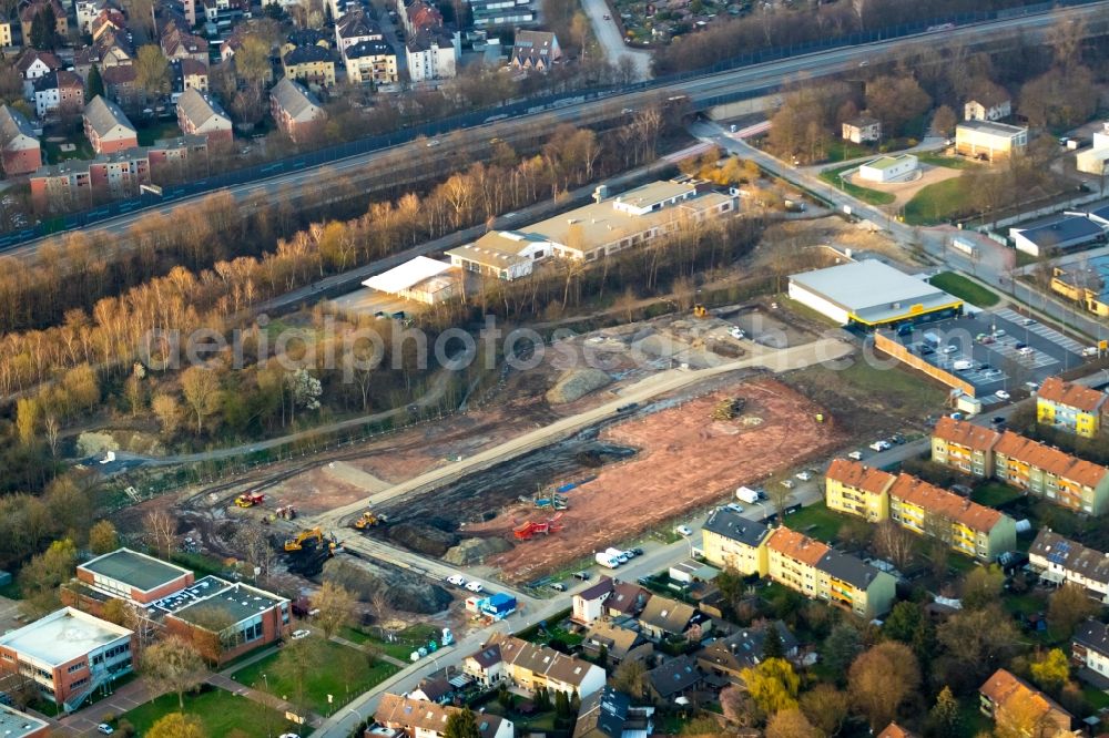 Herne from the bird's eye view: Construction site of a new residential area of the terraced housing estate JuergensHof of Wilma Immobilien GmbH in Herne in the state North Rhine-Westphalia, Germany