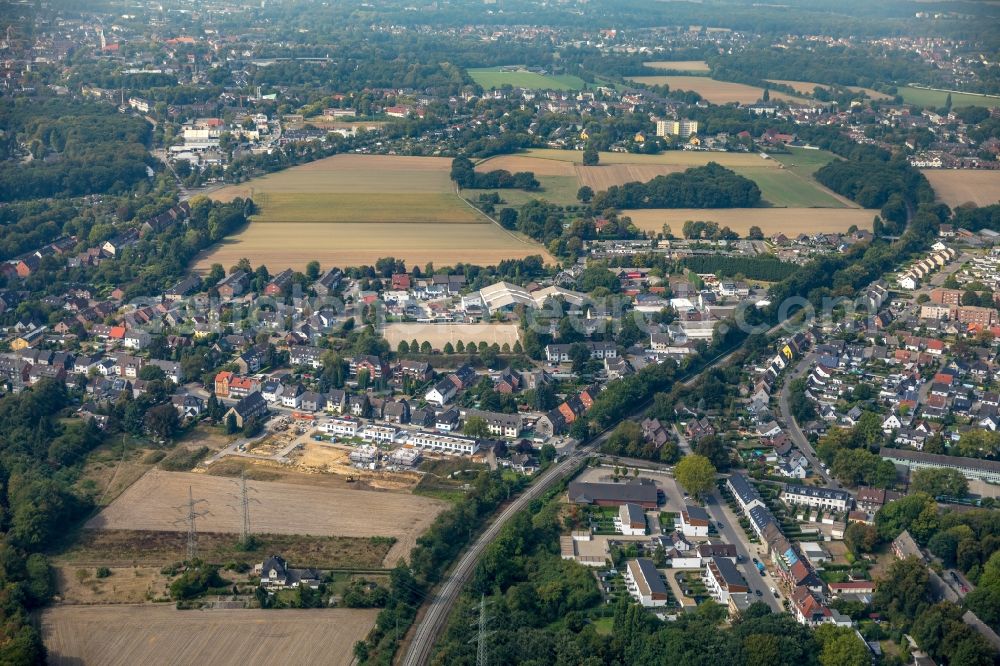 Gelsenkirchen from above - Construction site of a new residential area of the terraced housing estate on the Am Prangebach in Gelsenkirchen in the state North Rhine-Westphalia, Germany