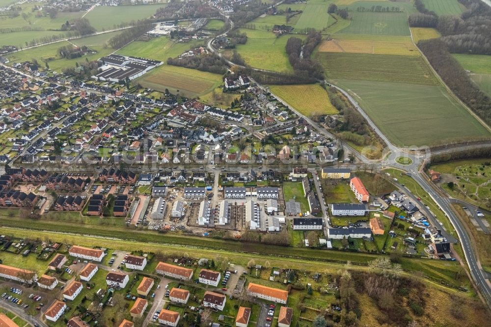 Hamm from above - Construction site of a new residential area of the terraced housing estate Zum Torksfeld in the district Herringen in Hamm in the state North Rhine-Westphalia, Germany