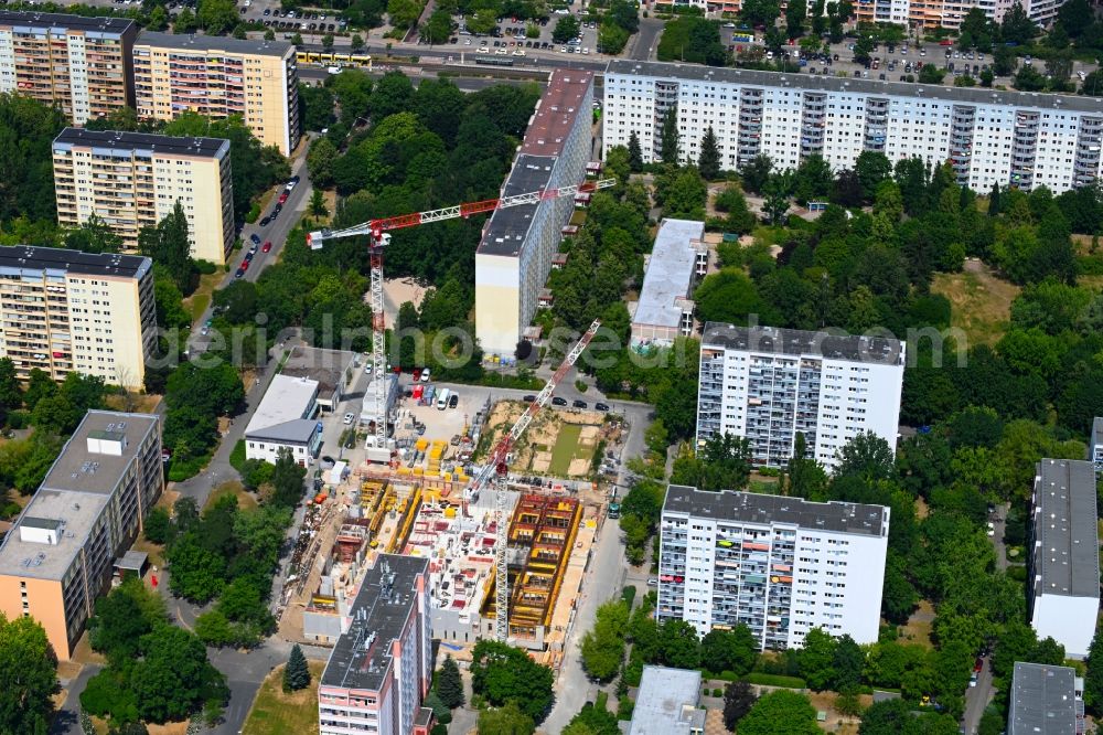 Berlin from the bird's eye view: Construction site for the multi-family residential building on Marchwitzastrasse in the district Marzahn in Berlin, Germany