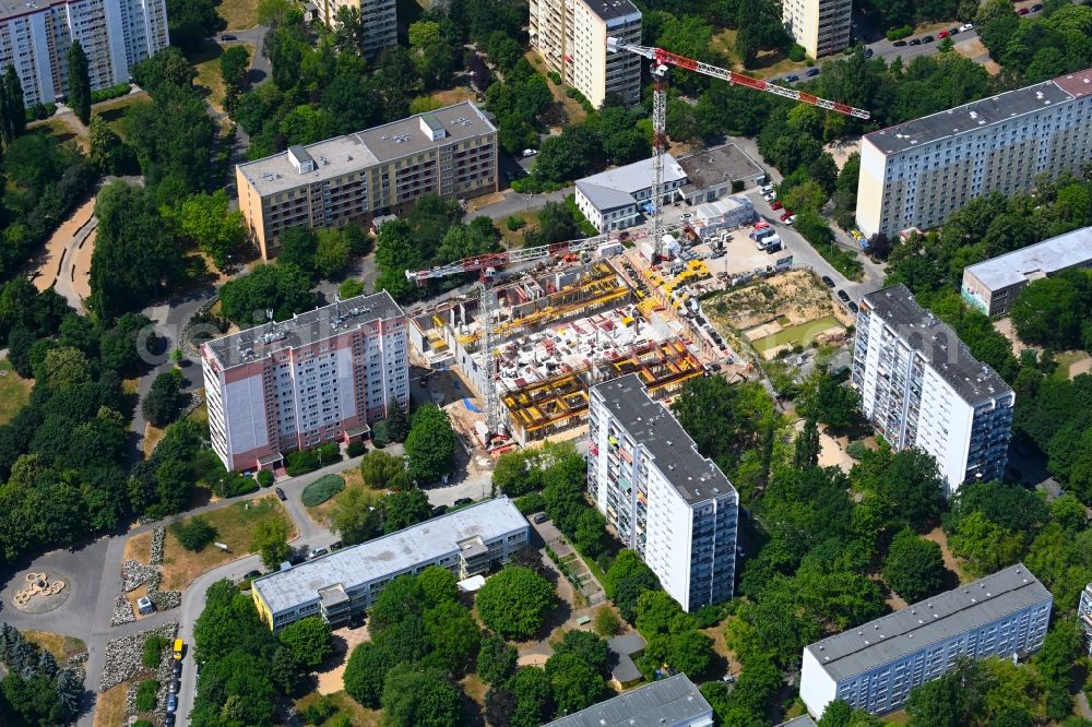 Berlin from the bird's eye view: Construction site for the multi-family residential building on Marchwitzastrasse in the district Marzahn in Berlin, Germany