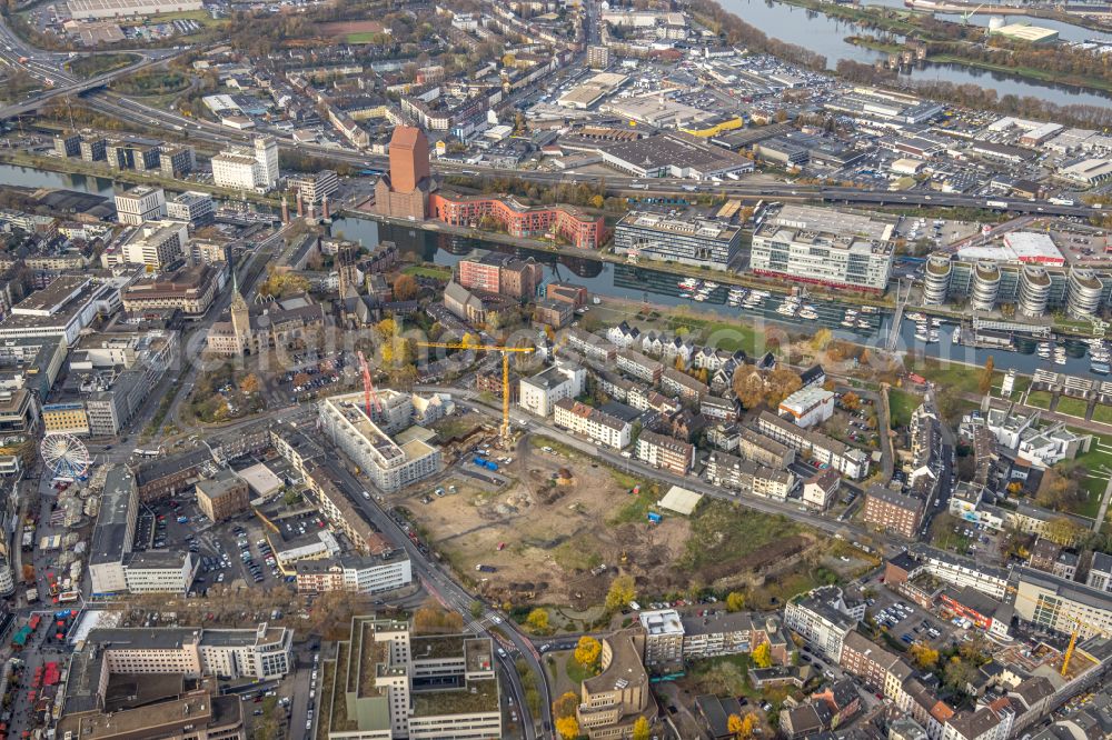 Aerial image Duisburg - Construction site for the new construction of a residential quarter with apartment buildings and residential and commercial buildings Mercator Quartier Duisburg on Oberstrasse in the Dellviertel district in Duisburg in the Ruhr area in the state North Rhine-Westphalia, Germany