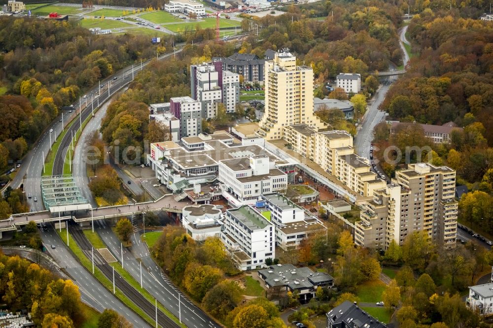 Bochum from above - The Uni-Center is a large housing estate with prefabricated buildings and commercial space in the center of Bochum Hustadt Querenburg district. The housing development is located along the road University in Bochum in North Rhine-Westphalia