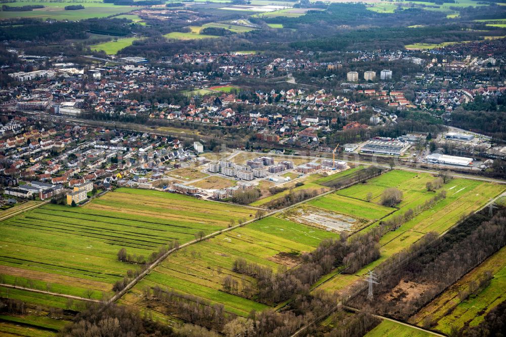 Buxtehude from above - Construction site to build a new multi-family residential complex Koengsdamm in Buxtehude in the state Lower Saxony, Germany