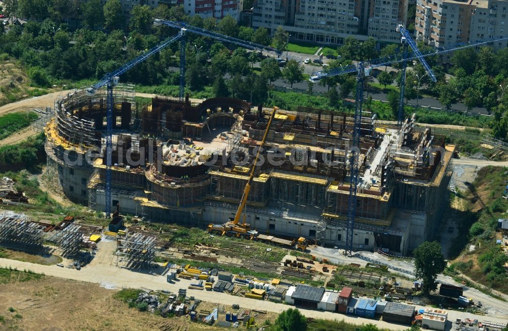 Aerial image Bukarest - View of the new construction project of the Romanian People's Salvation Cathedral in Bucharest in Romania