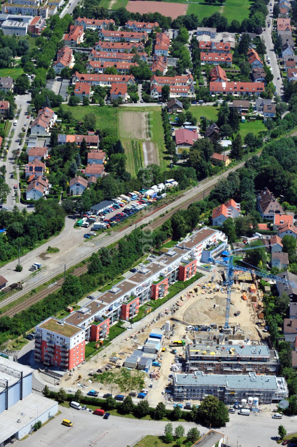 München from above - Construction site of the new Development Leben Pur in Aubing in Munich in Bavaria with owner-occupied flats of the DEMOS company