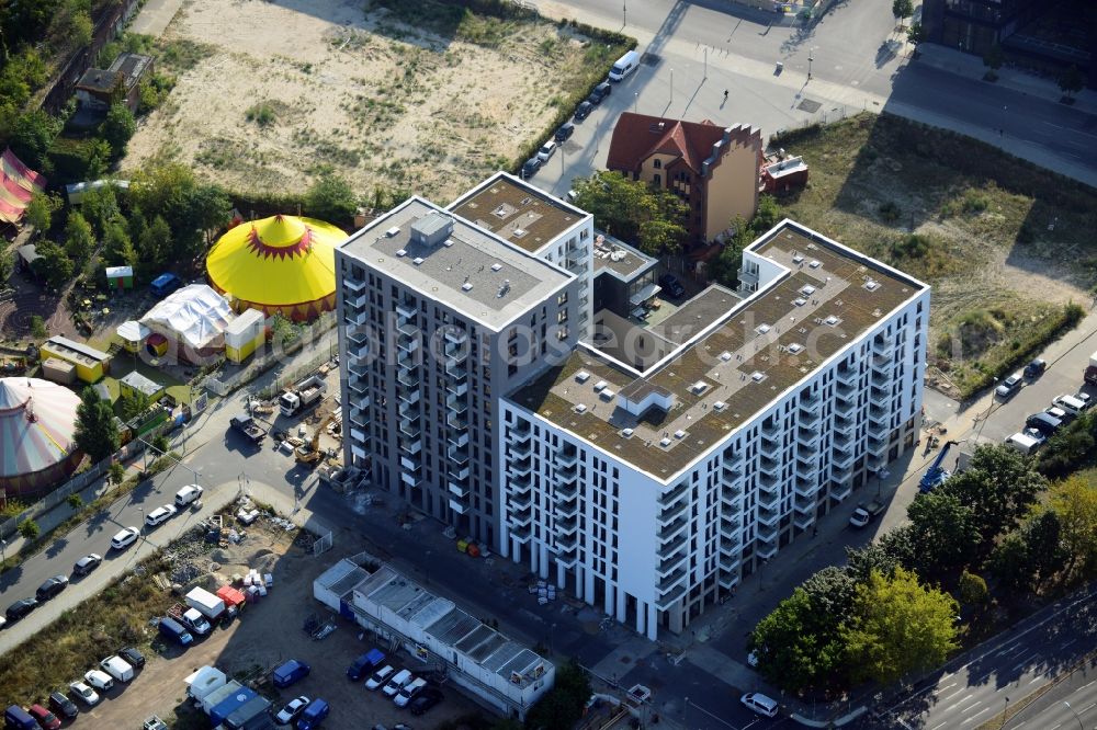 Aerial image Berlin OT Friedrichshain - View of the new construction project Quartier am Postbahnhof in the district of Friedrichshain in Berlin