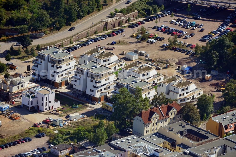 Aerial image Magdeburg - View of the new construction project Terrassenwohnen Elbbahnhof in Magdeburg in the state of Saxony-Anhalt