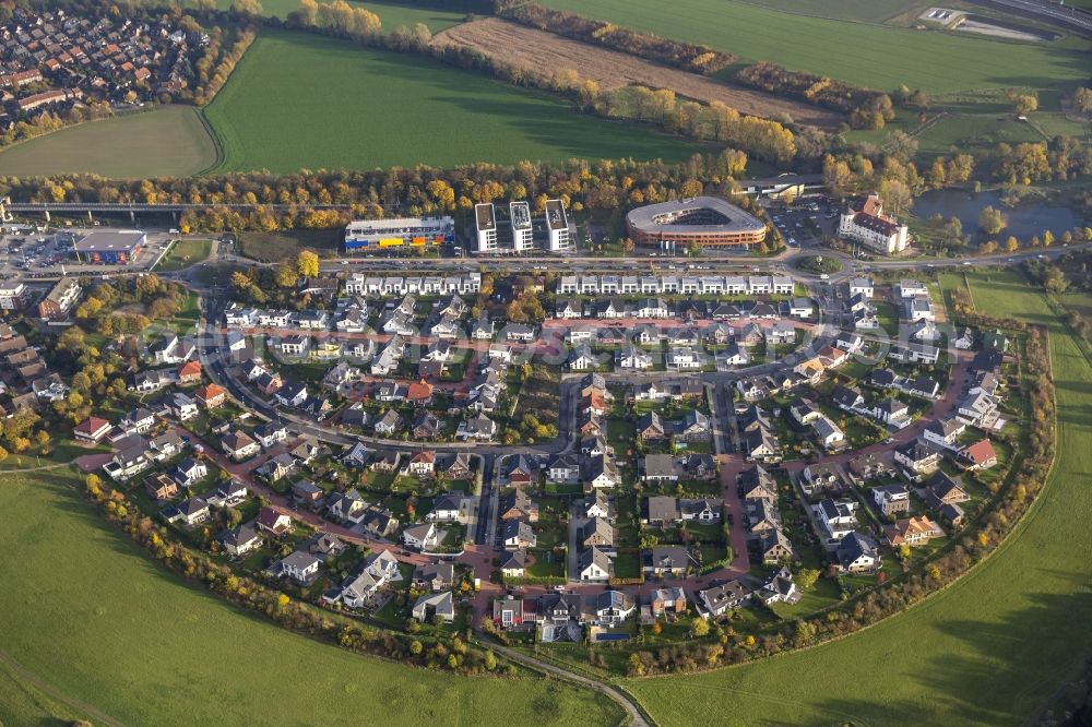 Aerial image Duisburg - New housing estate in the borough Huckingen of Duisburg in the Ruhr area in North Rhine-Westphalia