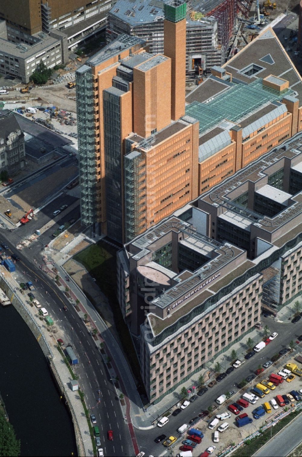 Berlin Lichtenberg from the bird's eye view: New buildings at the Federal Association of German Cooperative Banks BVR eV and the debis house in the Quartier Daimler at Potsdamer Platz in Berlin