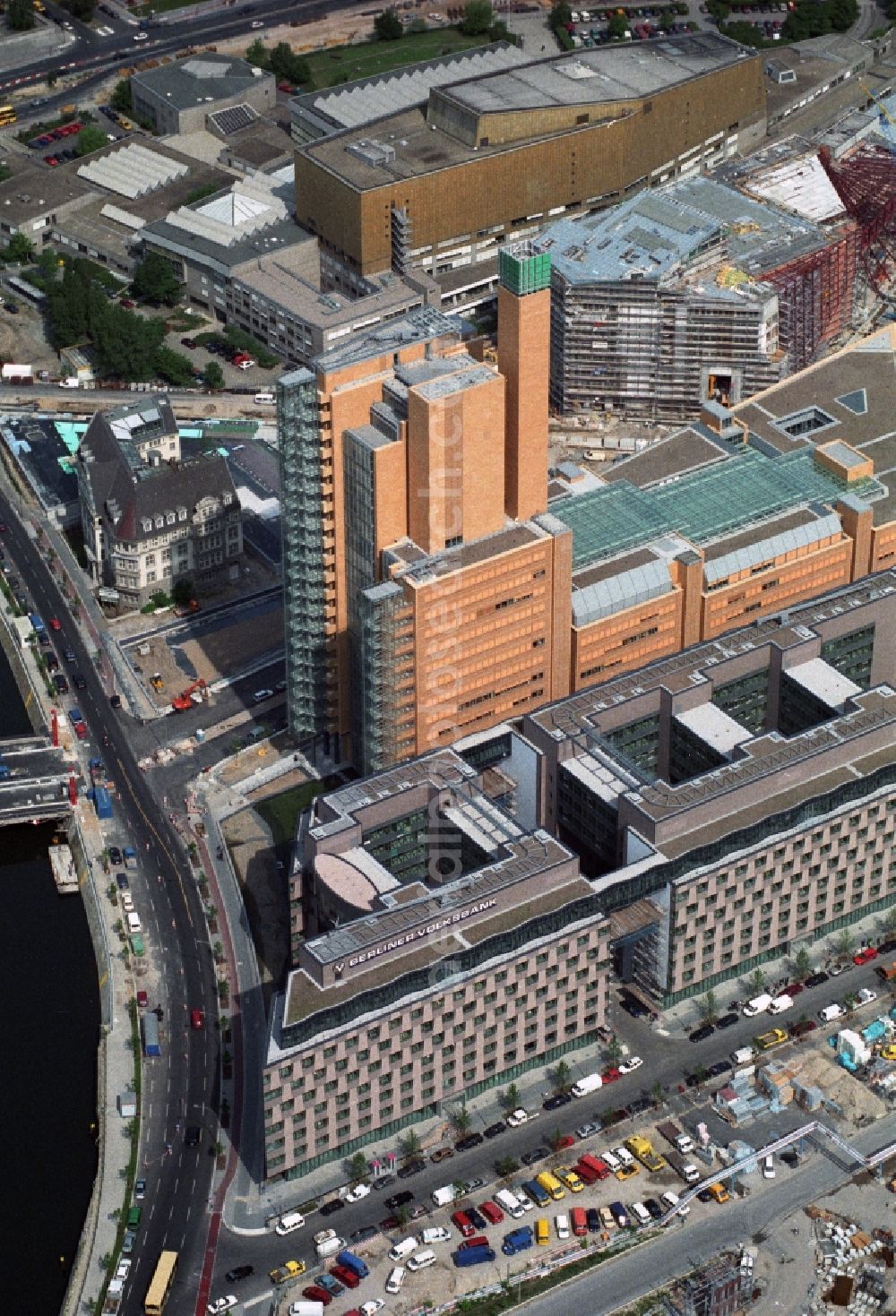 Berlin Lichtenberg from the bird's eye view: New buildings at the Federal Association of German Cooperative Banks BVR eV and the debis house in the Quartier Daimler at Potsdamer Platz in Berlin