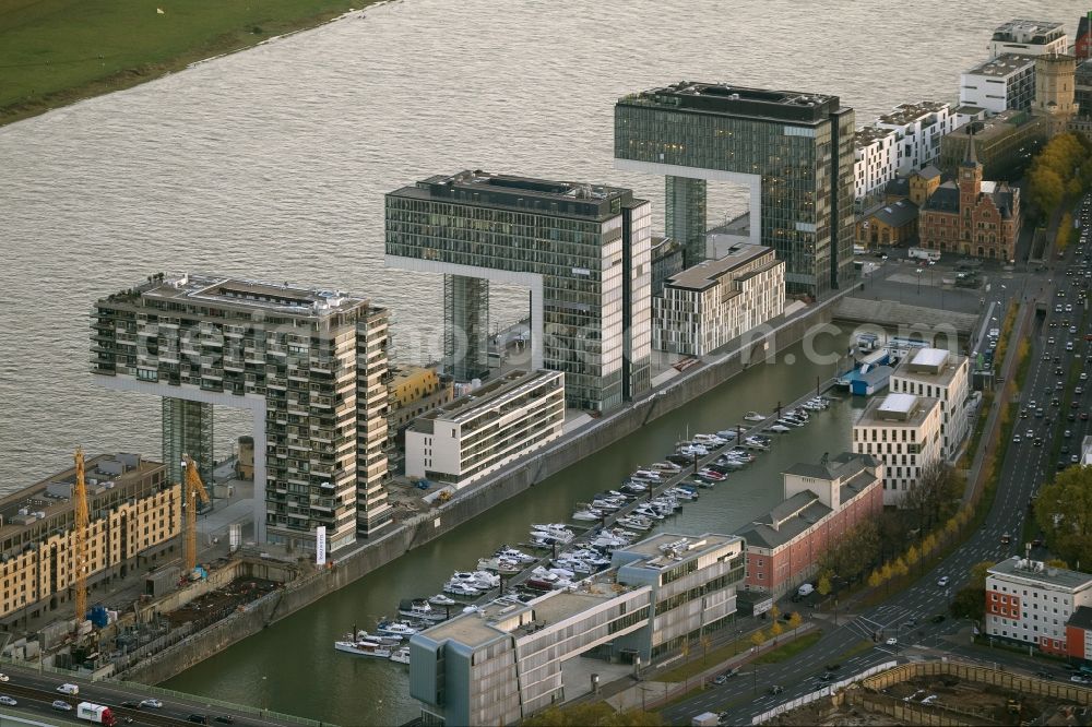 Aerial image Köln - New construction of houses on the crane Rheinauhafen on the banks of the Rhine in Cologne in North Rhine-Westphalia