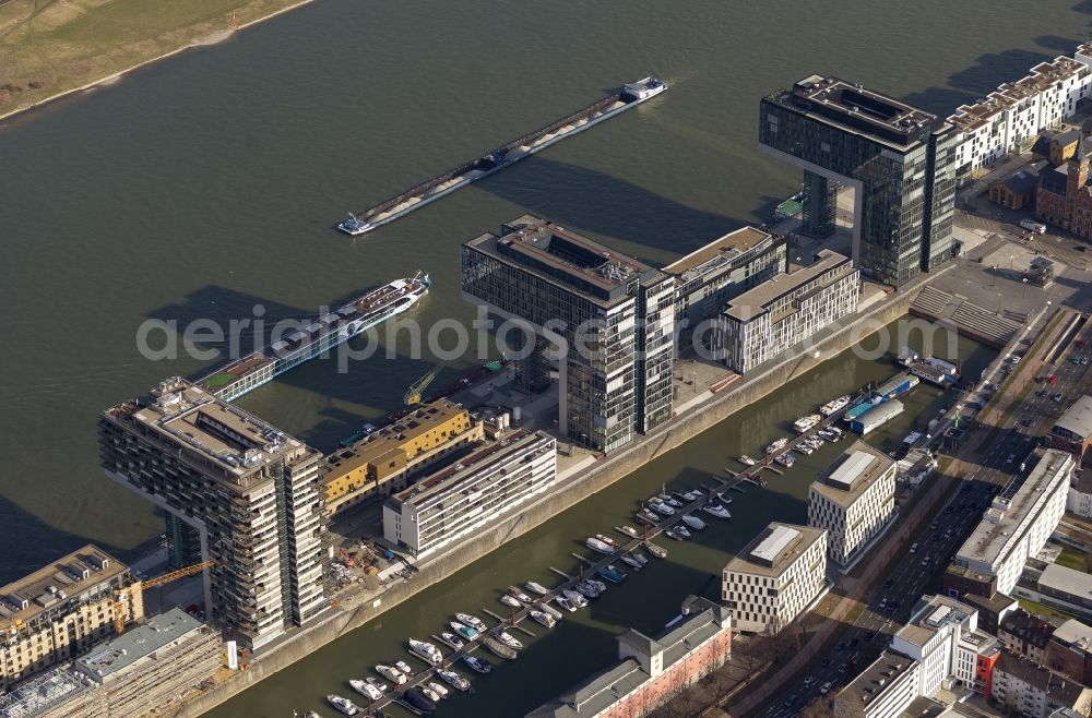 Aerial photograph Köln - New construction of houses on the crane Rheinauhafen on the banks of the Rhine in Cologne in North Rhine-Westphalia