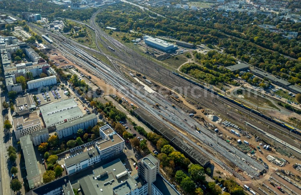 Aerial image Magdeburg - Maintenance work on a rail track and overhead wiring harness in the route network of the Deutsche Bahn in Magdeburg in the state Saxony-Anhalt, Germany