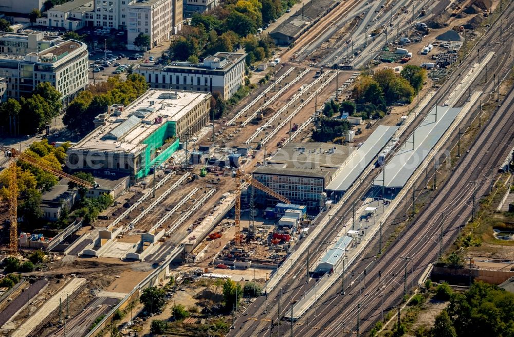 Magdeburg from above - Maintenance work on a rail track and overhead wiring harness in the route network of the Deutsche Bahn in Magdeburg in the state Saxony-Anhalt, Germany